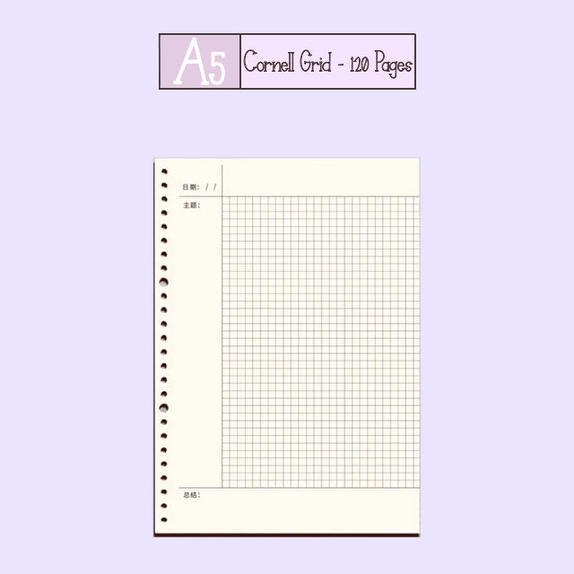 Loose Leaf Paper Refill Sheets A5 Cornell Grid
