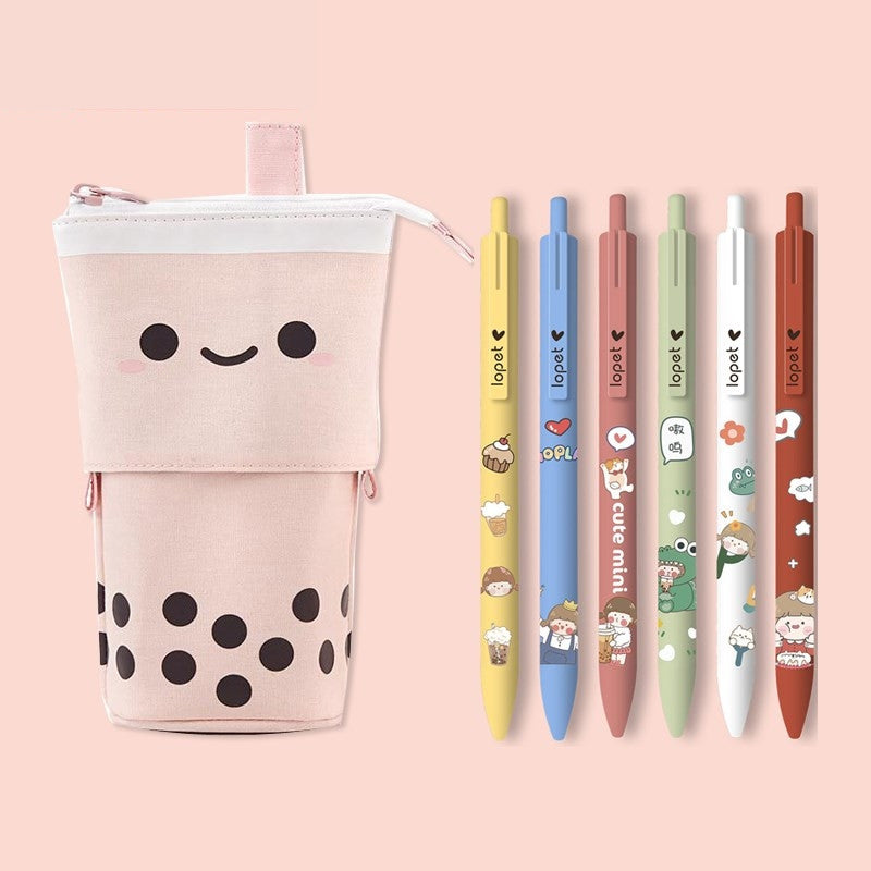 Retractable Bubble Tea Pencil Case Peach Set