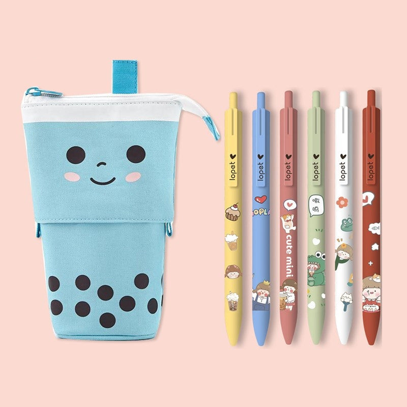 Retractable Bubble Tea Pencil Case Blue Velvet Set