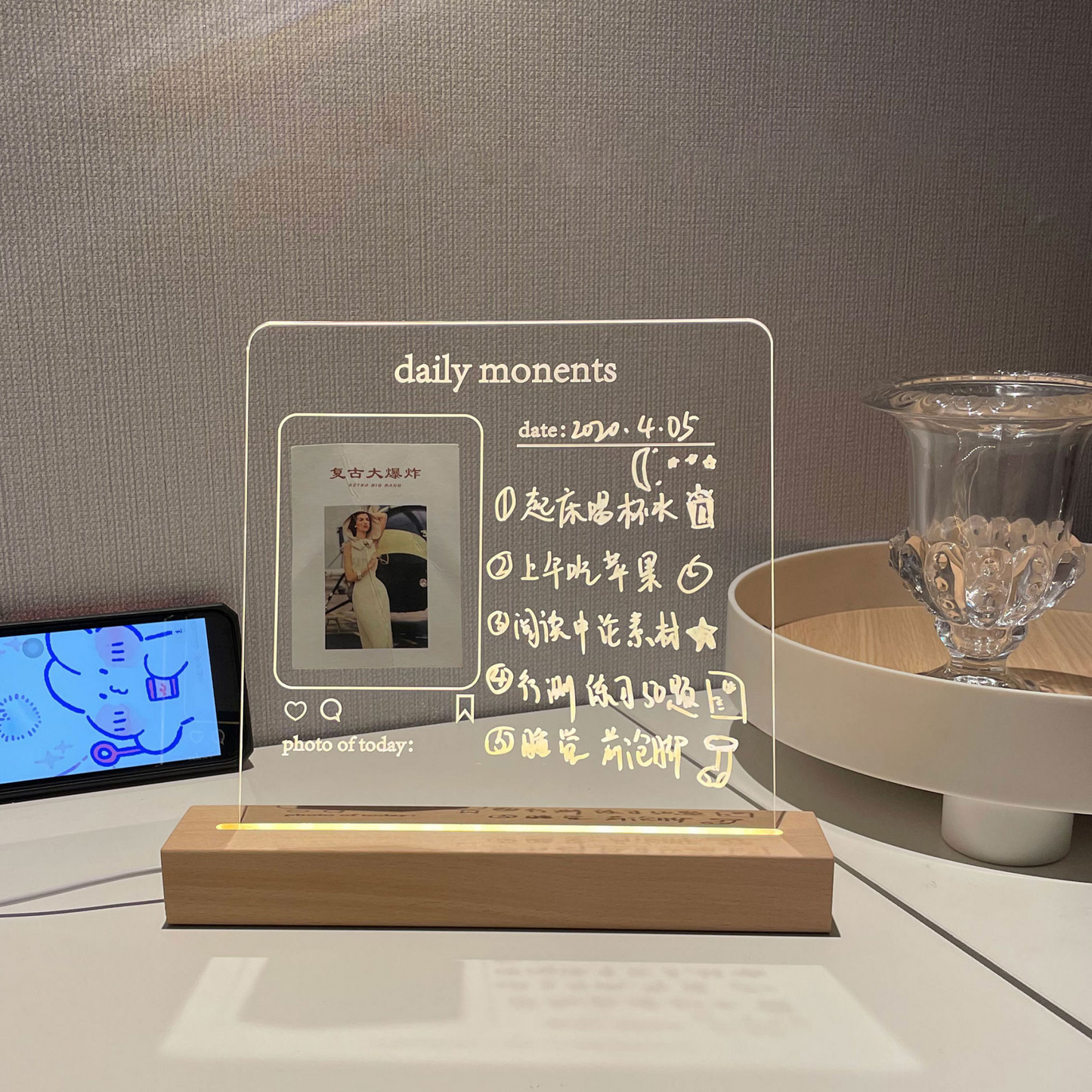 USB Acrylic Message Board With Wood Stand Holder B