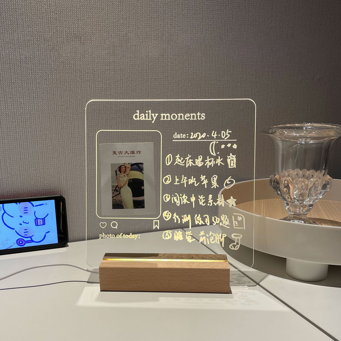 USB Acrylic Message Board With Wood Stand Holder C