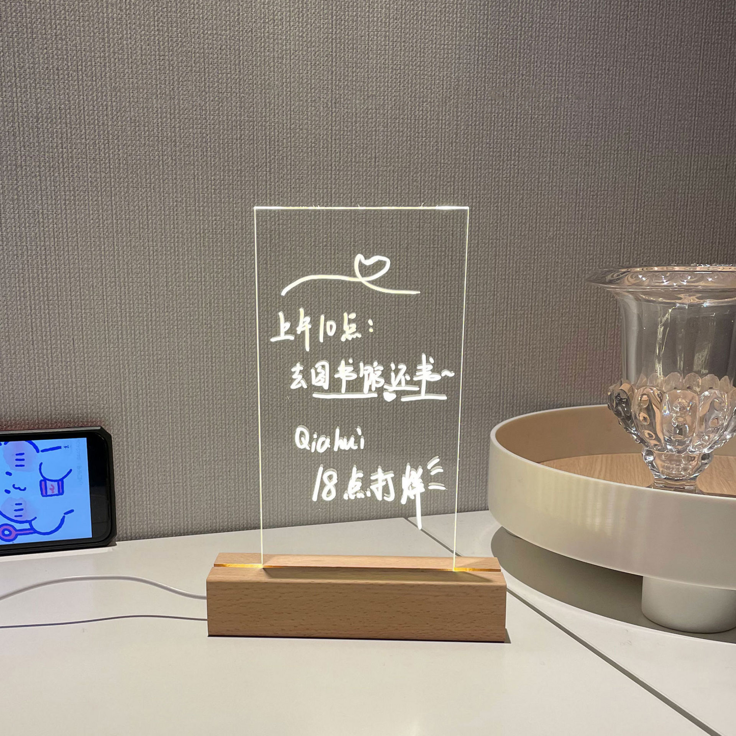 USB Acrylic Message Board With Wood Stand Holder D