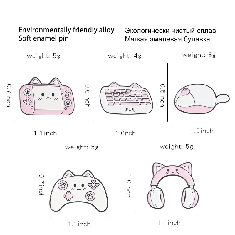 Cat Gamer Enamel Pins Size
