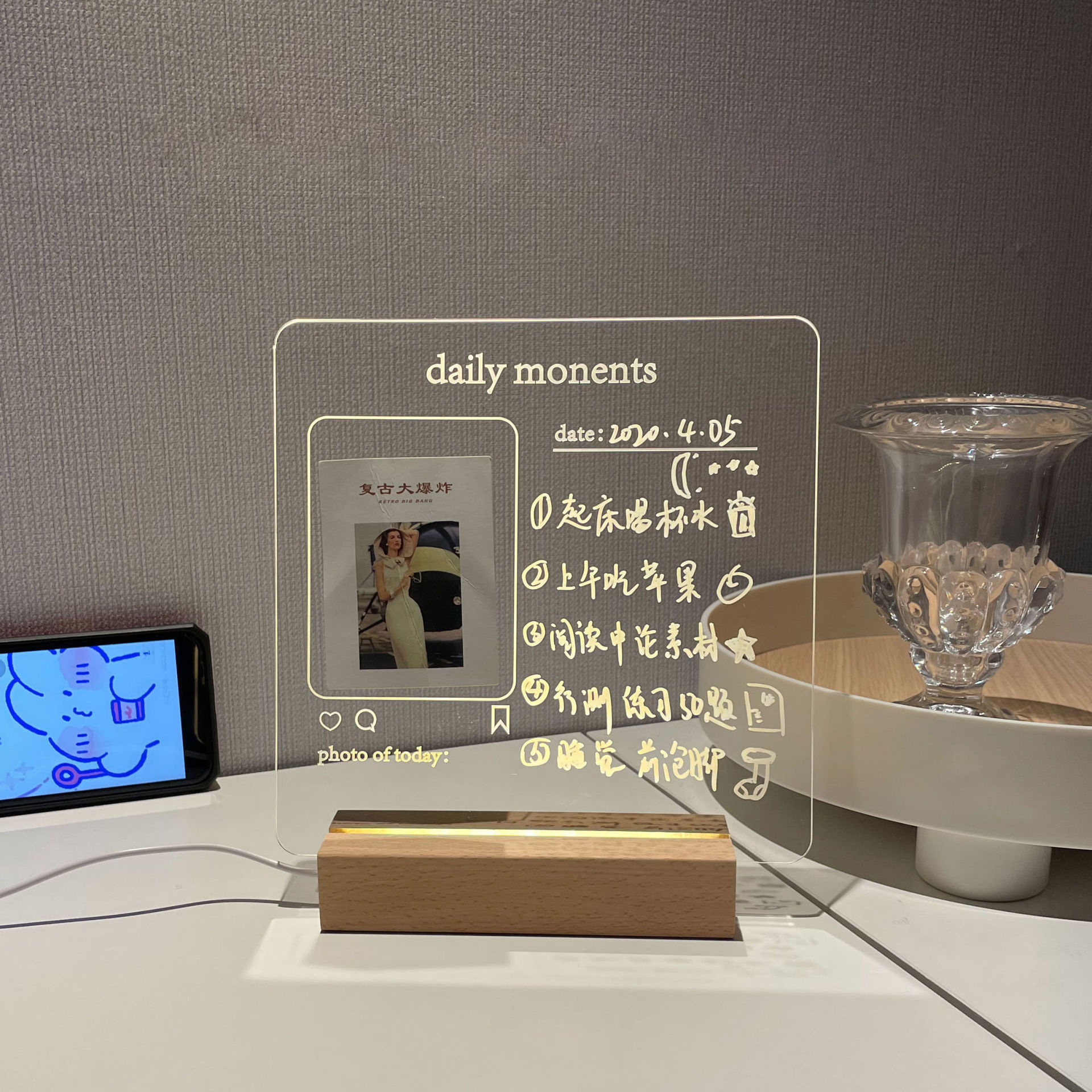 USB Acrylic Message Board With Wood Stand Holder C