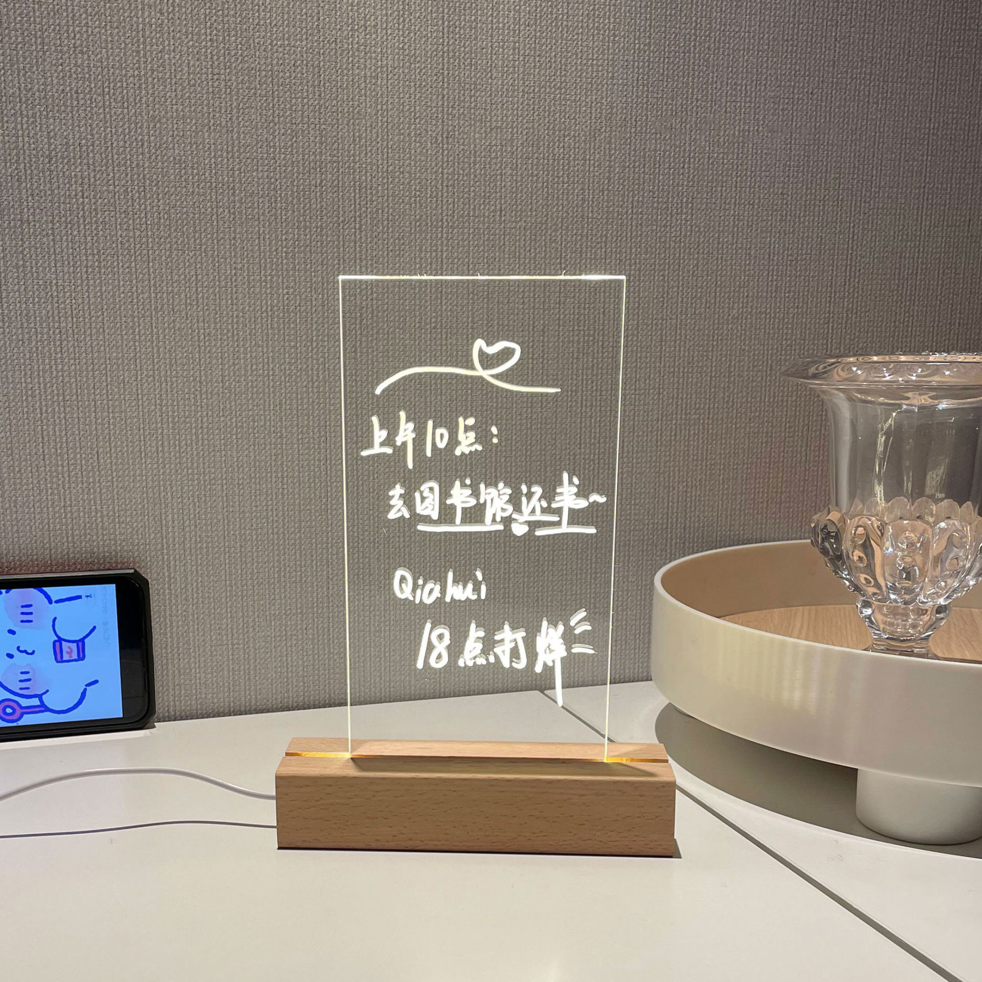 USB Acrylic Message Board With Wood Stand Holder D